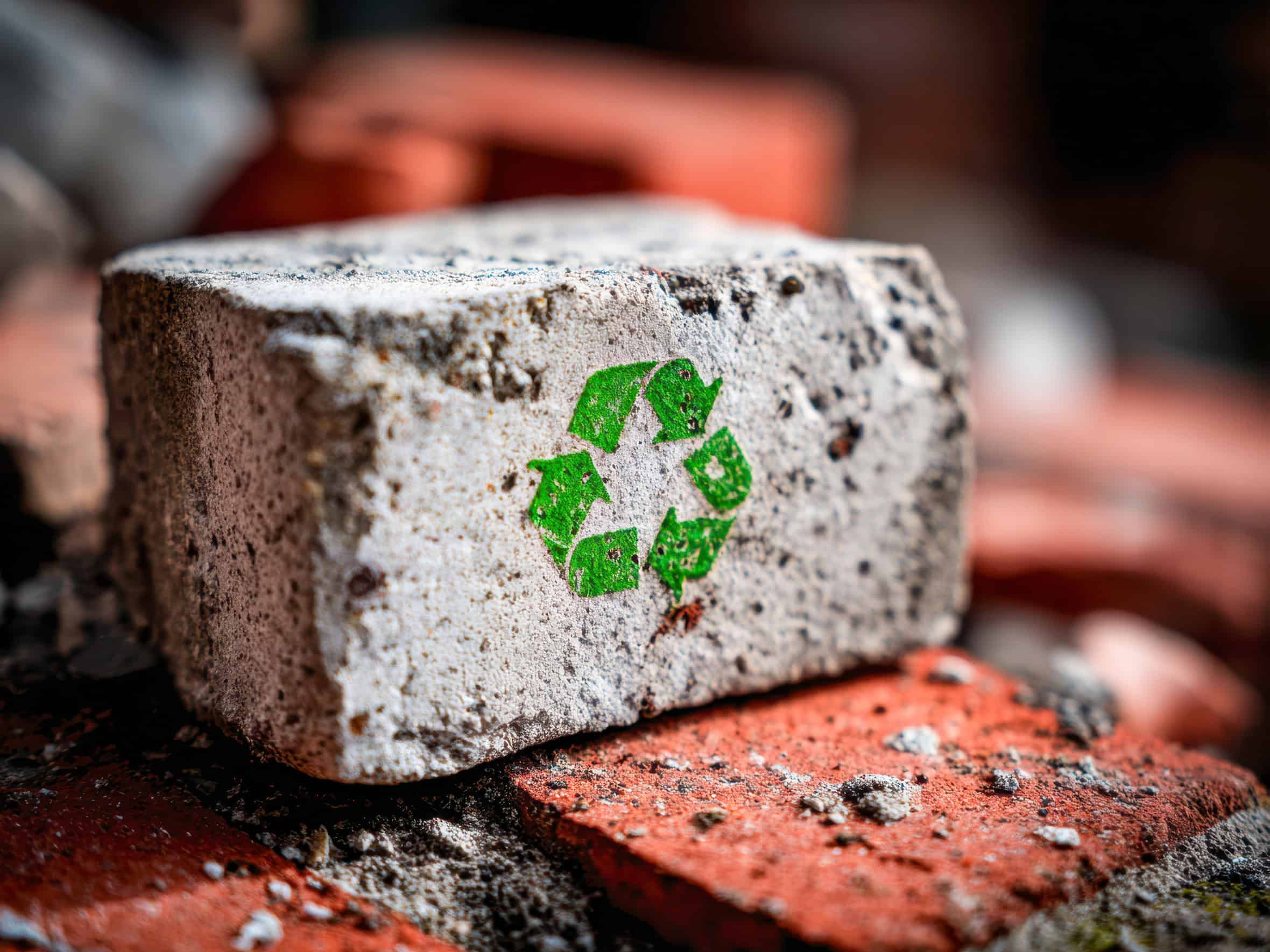 Concrete block with green recycling symbol, emphasizing sustainable construction practices and eco-friendly materials.